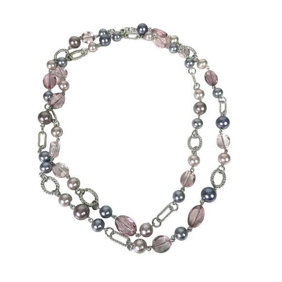 Premier Designs Grey Pink Faux Pearl Beaded Super Long Necklace Twist Chain 48" - Picture 1 of 9